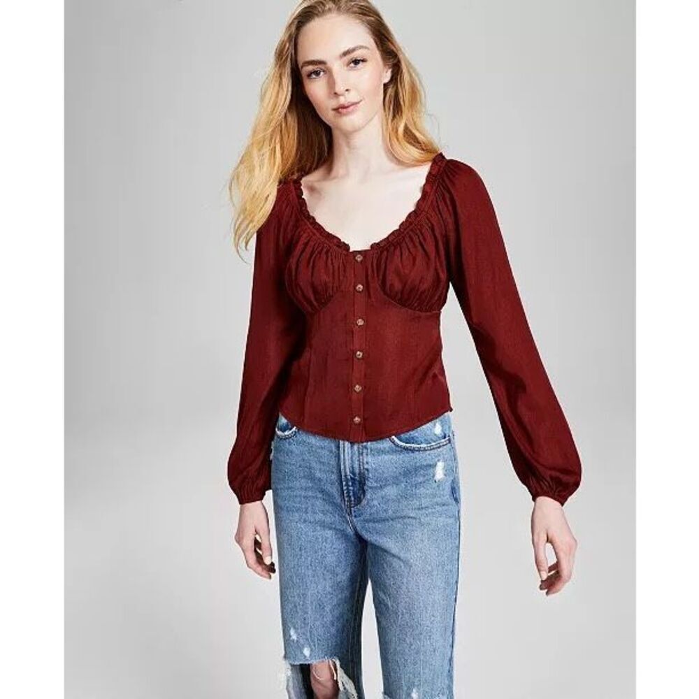 And Now This XL Satin Off Shoulder Billowy Sleeve Cropped Blouse Button Front Ru